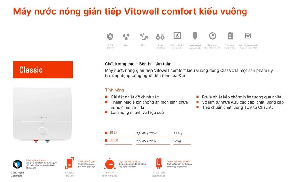 tích tính năng Máy nước nóng gián tiếp  Vitowell Comfort Classic